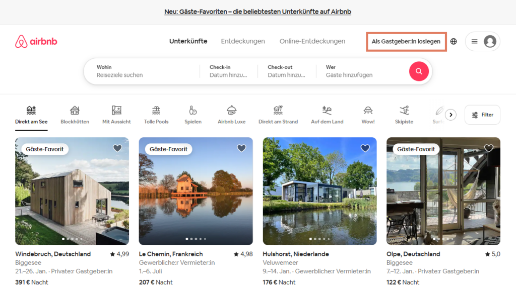 Airbnb Website anmelden