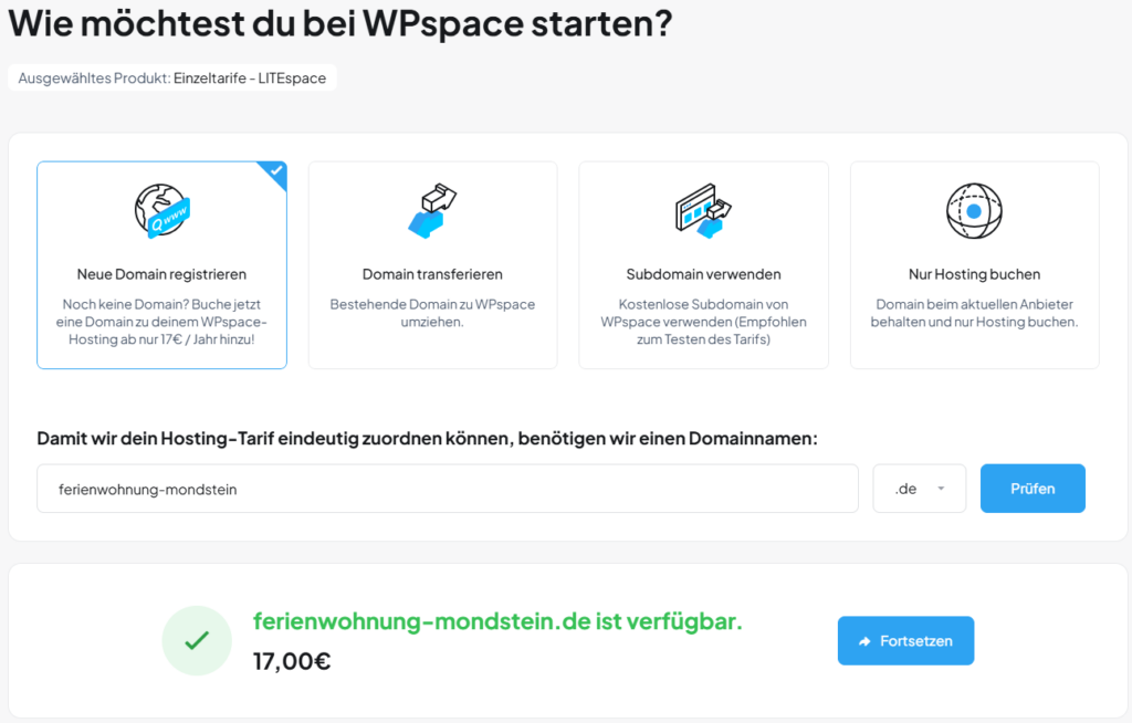 Domain bestellen Screenshot