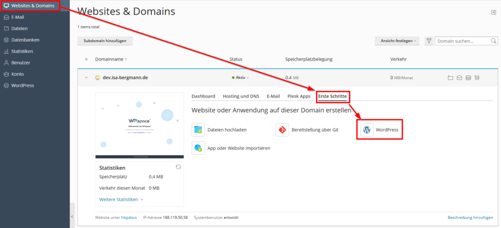 Screenshost Hosting Oberfläche
